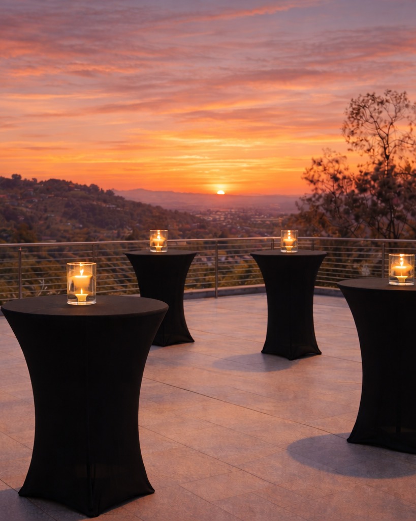 Cheers San Diego belly bar cocktail tables at Avery Tech corporate event, Del Mar, CA